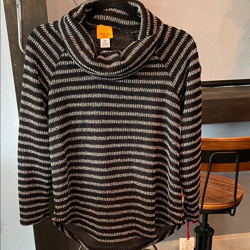Ruby Rd. Sparkly everywhere Black and White Striped Cowl Neck Sweater